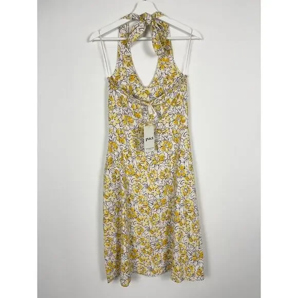 NWT Pact Organic Cotton Fit Flare Halter Dress Size Small Pockets Yellow Floral - Picture 3 of 10